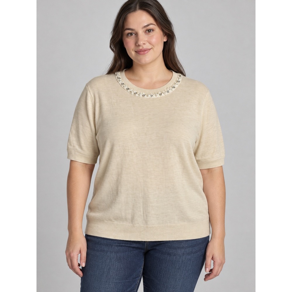 Arach & Cloz Cream Beige Embellished Pearl Neck Short Sleeve Sweater XL NEW